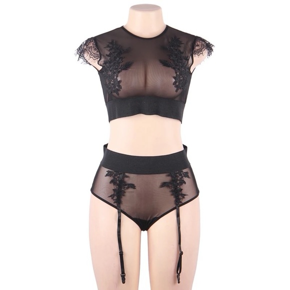 PLUS Gorgeous Black Mesh Embroidered Crop Top + Sexy Panty Lingerie Set - Picture 7 of 13